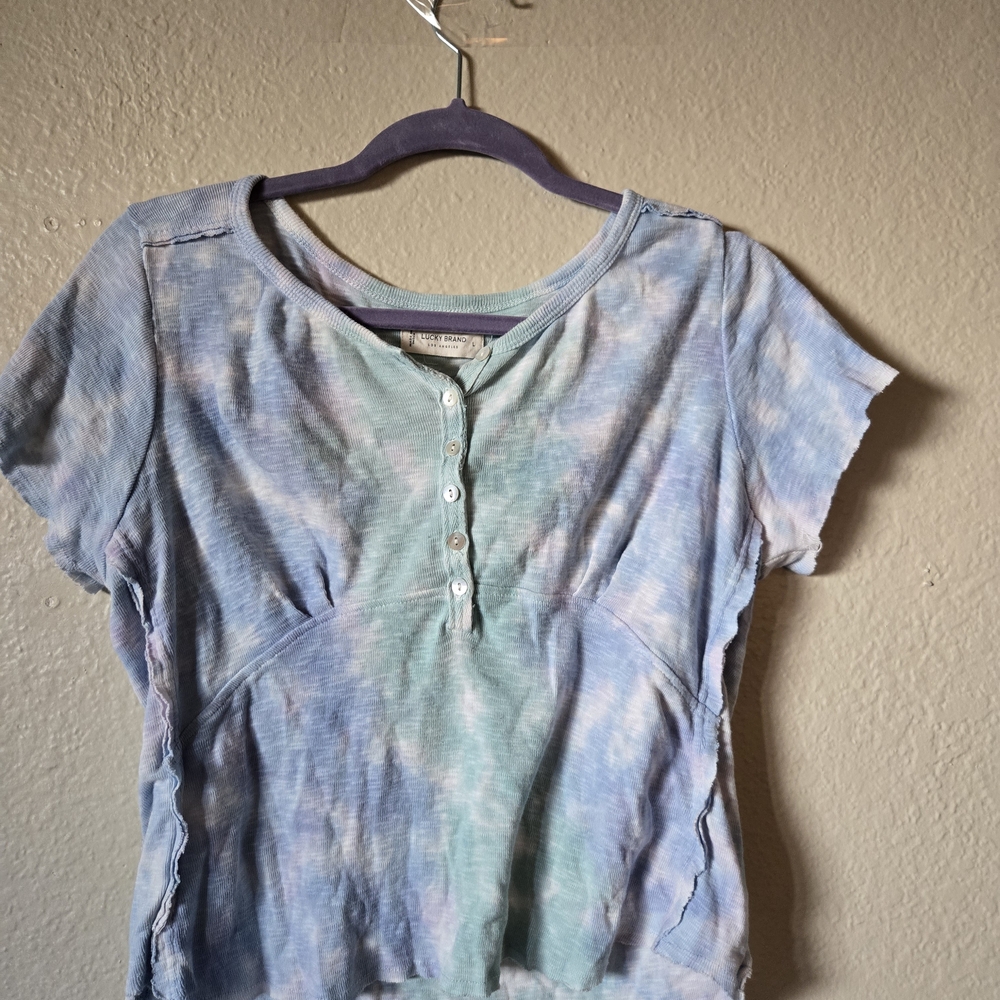 Lucky Brand Blue and Green Tie-Dye Short Sleeve Top